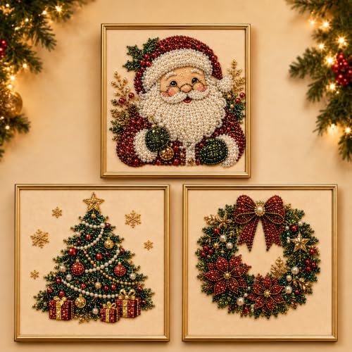 3 PCS Christmas Santa Claus Pearl Diamond Painting Art Kits,3D DIY Beads