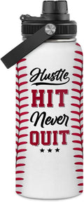 Baseball Water Bottle 32oz Hustle Hit Never Quit Stainless Steel Insulated Bottle for Men Women Sports Lovers Baseball Fans