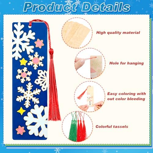 200 Pcs Christmas Wood Bookmarks to Color Bulk, Color Your Own with Tassels