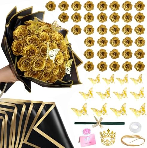 CCYXSHOW DIY Artificial Roses Bouquet 36 Pack - Gold Fake Shiny Roses Flowers with Stems Eternal Floral Gifts for Elegance Wedding Bouquet Anniversary Birthday Graduations Valentine's Day