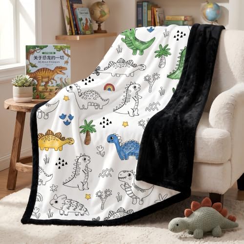DIY Dinosaur Coloring Blanket with 24 Markers, Color Your Plush Fleece Throw, Arts & Crafts Gifts for Kids Boys Girls, Black Fluffy Backing (DIY Dinosaur)