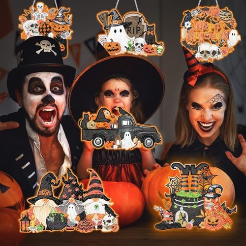 Chiisong 6 Pcs Halloween Diamond Art, Fall Diamond Painting Hanging Signs
