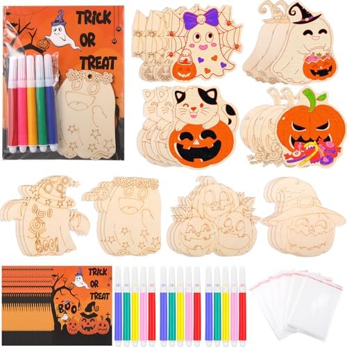 24 Sets Wooden Halloween Coloring Crafts Kits with Watercolor Pen