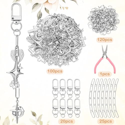Tondiamo 266 Pcs DIY Keychain Making Kit Charm Jewelry Chain Making Crafts with 120 Charms 20 Keychain Clips 120 Jump Rings 25 Extender Chain and Plier for Women Bag Gift(Gothic, Silver)