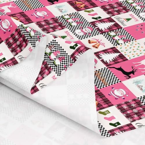 Cartoon Snowman Upholstery Fabric Pink Buffalo Plaid Christmas Decorations Santa Claus Outdoor Fabric by The Yard 36"x63", Christmas Gnome Xmas Snowflake Elk Deer DIY Craft Hobby Polyester Fabric