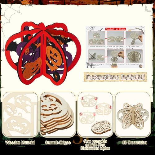 Yalikop 72 Pcs Halloween Kids Wood Crafts, 4.7 x 4 in, Pumpkin