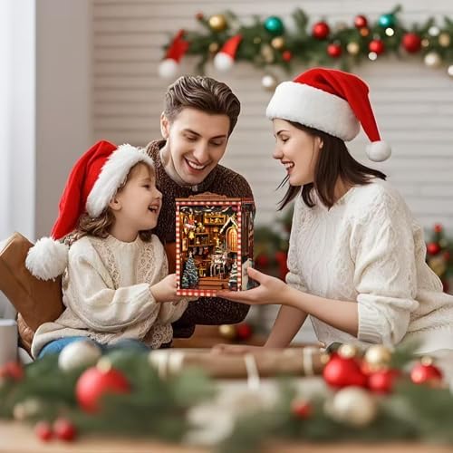 DIY Mini Book Nook Kit, Snow Realm Wei Pavilion 3D Wooden Puzzle with LED Lights, Christmas Themed Bookshelf Decor, 161 Pcs Adult Craft Model for Home & Gift