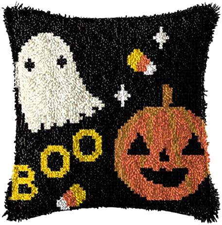 Ylkgogo Latch Hook Pillow Kit for Adults Beginners DIY Throw Pillow Cover Crochet Yarn Kits Printed Canvas Halloween Pattern Sofa Decor 17" x 17"