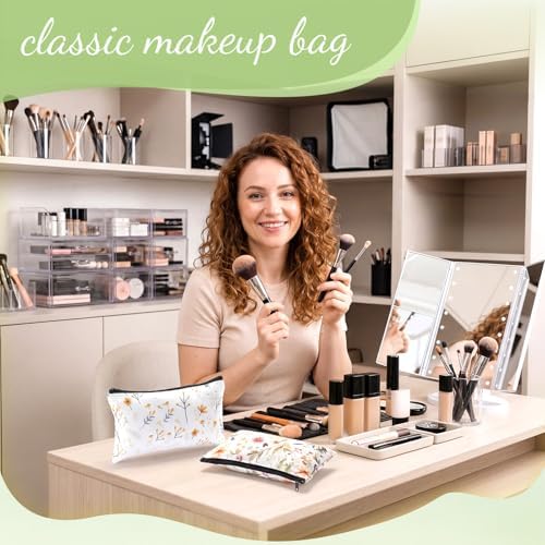 Eccliy Daisy Flower Makeup Bag Floral Cosmetic Bag for Women Canvas Gifts Accessories Toiletry Pouch with Zipper Gift Bags Organizer for Team Party Friend