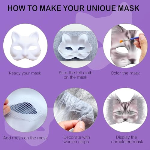 J6&H6 22 Pcs DIY Therian Mask Kit with Exclusive Funny Stickers, Blank Cat Mask,Felt Fabric Sheet, Faux Fur and Eye Mesh Suitable for Christmas Role-Playing Parties