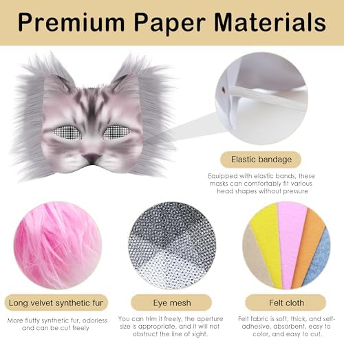 J6&H6 41 Pcs DIY Therian Mask Kit with Exclusive Ghost Stickers, Blank Cat Mask,Fabric Sheet, Faux Fur and Eye Mesh Suitable for Christmas Ghost Role-Playing Parties(Mised)