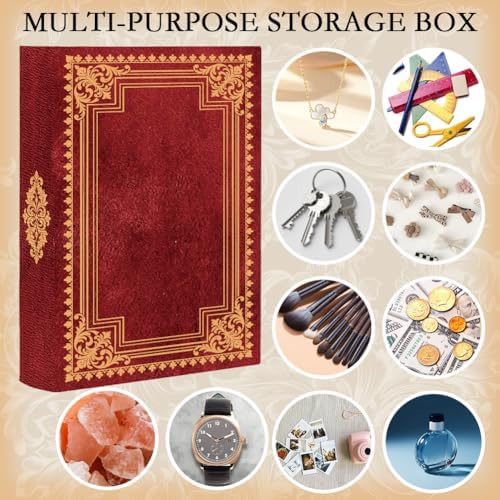 Vintage Book Shaped Storage Box 9.1 x 5.9 x 2 Inch Faux Book Trinket Box Red Retro Pattern Decorative Storage Organizers for Jewelry Trinkets Wedding Keepsake Photos Home Bookshelf Decor