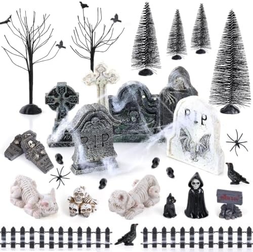 YLOLUL 48 Pcs Fluorescent Halloween Village Accessories Miniature All Saints' Day Figurines Glow in The Dark Mini Tombstones Skeleton Tiny Trees for Halloween Town Decorations Party Table Decor