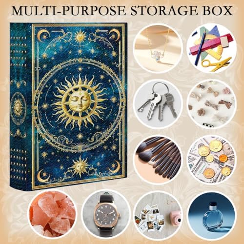 Vintage Book Trinket Box 9.1 x 5.9 x 2 Inch Faux Book Boxes Tarot Sun Relievo Pattern Decorative Storage Organizers for Jewelry Trinket Wedding Keepsake Photos Home Bookshelf Decoration
