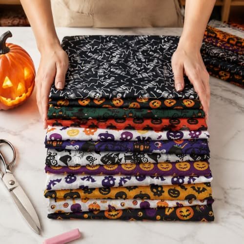 12Pcs Halloween Cotton Fabric Bundles, 20x20 Inch Halloween Sewing Fabric Squares Pumpkin Ghost Bat Printed Cloth for DIY Quilting Craft Decor