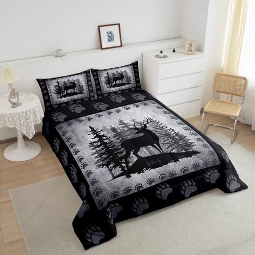 Rustic Deer Plaid Kids Comforter Set King Size,Wildlife Hunt Lodge Decor Bedding Set All Season Bear Paw Print Quilt Set with 2 Pillowcases,Pine Trees Farmhouse Country Grid Polyester Comforter, Gray