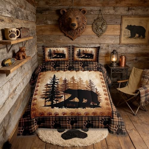 Castle Fairy Bear Print Full Size Comforter Set,Wild Animal Hunt Pine Trees Retro Bedding Comforters Bedroom Collection,Rustic Grid Plaid Cabin Decor Bedding Set for Girls Teens