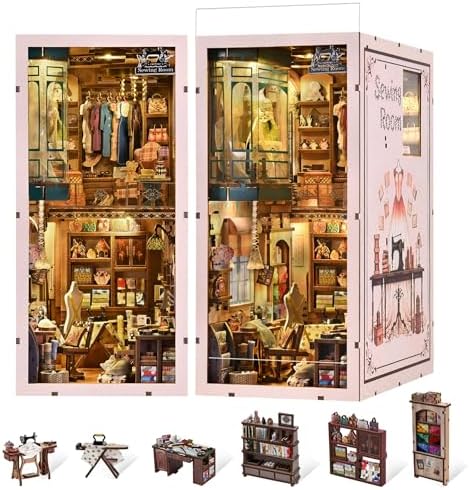 fifijoy Book Nook Kit - DIY Miniature House Dollhouse Kit for Adults and Teens, Booknook Tiny House Bookshelf Decor 3D Wooden Puzzle, Gifts for Family Friends (Sewing Room)