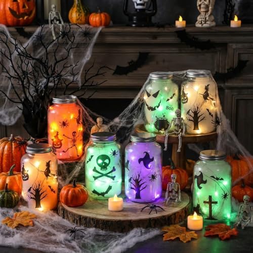 FoldTier 8 Pack DIY Halloween Mason Jar Craft Kit Set, Plastic Lantern Jar