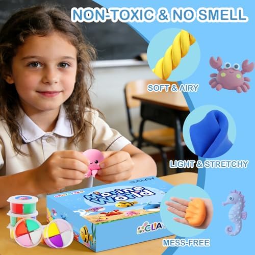 Air Dry Clay Kit - 12 Marine Animal Modeling Clay for Kids, Complete DIY Clay Craft Set with Sculpting Tools & Step-by-Step Tutorials, Ultra Soft & Non-Sticky Clay, Children's Day Gift Ideas