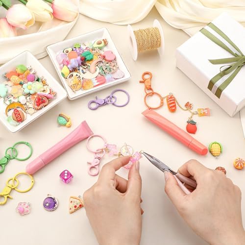 VioraWhite 213 Pcs Keychain Making Kit Bag Charm Kit Cute Lip Gloss Keychain 100 Pink Enamel Charms 32.81 ft Gold Chains for DIY Crafts Women