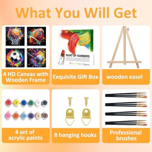 Mandun 4 Pack Ball Paint by Numbers Kit for Kids, with Frame, 7.8x7.8 inch