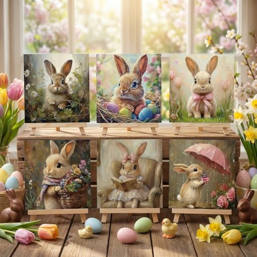 YooNotee 6 Pack Easter Paint by Numbers Kit Canvas with Wooden Easels & Brushes, 8 x 8 inches Easter Canvas Set for Adults Easy Acrylic Paint Kit Beginner for Rabbit Home Decor