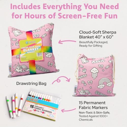 Craftikit Unicorn Coloring Blanket for Kids & Adults - 15 Markers