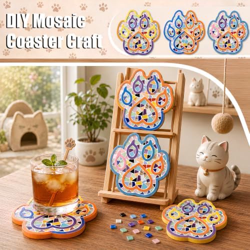 luperasol 6PCS DIY Cat Paw Mosaic Tiles, Mixed Color Mosaic Coaster Kit