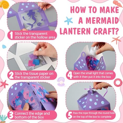 Simgoing 12 Sets Mermaid Tissue Paper Lantern Craft Kits with LED Candles