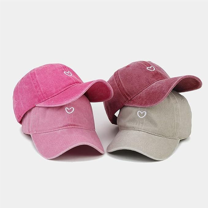 Cute Heart Hats for Women Vintage Washed Cotton Embroidered Baseball Cap Adjustable Low Profile Dad Hat