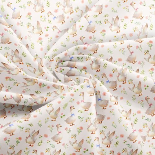 Cute Goose Fabric by The Yard,Kawaii Goose Farm Animal Soft Polyester No Stretch Fabric,Rustic Flowers Leaves Decorative Fabrics,Beige Crafts & Sewing Supplies,10 Yards,360" L x 59" W