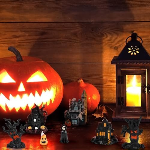 YLOLUL 30 Pcs Halloween Village Ornaments Accessories Figurines Town Miniatures Include Trees Pumpkins Black Dog Crows Skeletons Houses Wizard Bat for Halloween Village & Party Table Decorations