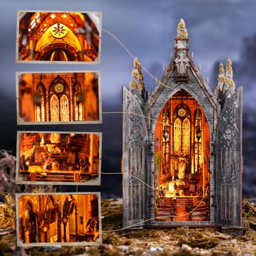 fifijoy Book Nook Kit - Abandoned Gothic Church DIY Miniature Dollhouse for Adults and Teens, Booknook Tiny House Bookshelf Decor 3D Wooden Puzzle with LED Lights, Creative Gifts for Family, Friends