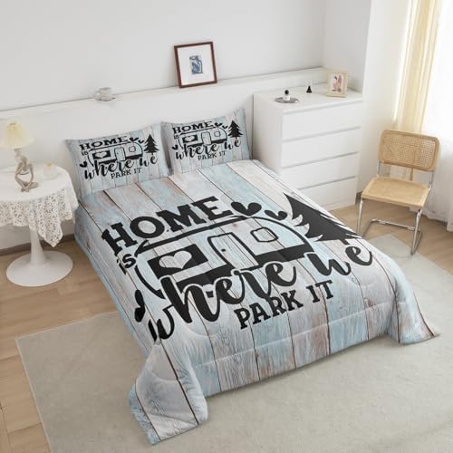Farmhouse Rustic Camping Comforter Sets Full Size,Funny Home Where We Park It Bedding Comforters for Girls Teens,Explore Camper Gifts RV Life Down Alternative with 2 Pillowcases, Ultra Soft