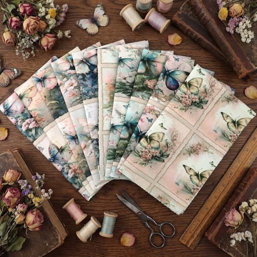 10 Pcs 18x22 Inch Vintage Butterfly Quilting Fabric Square Retro Spring Floral Butterfly Quilted Fabric Bundle Watercolor Precut Printed Sewing Material Patchwork Supplies for Holiday DIY Sewing Craft