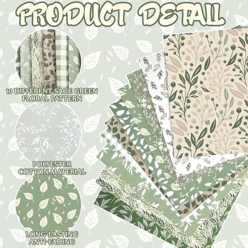 Hahafelt 10 Pcs Sage Green Quilting Fabric Bundles 20 x 20 Inch