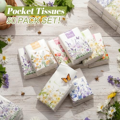 Outus 50 Pack Flower Travel Size Pocket Tissues, 400 Sheet Total