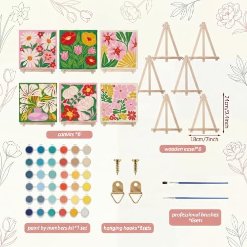 YooNotee 6 Pack Flowers Paint by Numbers Kit on Canvas with Wooden Easels & Brushes, 8x8 Inch Canvas Art Set for Adults DIY Flowers Acrylic Painting for Home Wall Decor