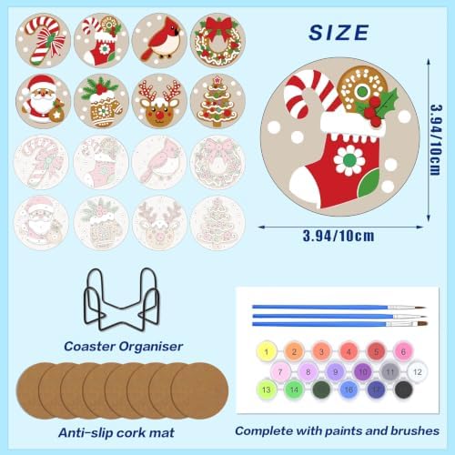 8 Pack Christmas Paint by Number Kits Coasters with Holder Cork Pads