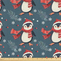 Lunarable Christmas Fabric by The Yard, Xmas Time with Happy Penguins with Hats Scarves Pine Leaves and Snowflakes, Decorative Fabric for Upholstery and Home Accents, 1 Yard, Grey Teal Beige