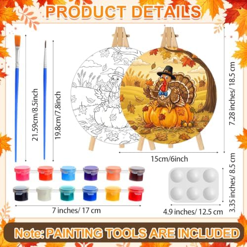Supervitae 72 Piece Fall Round Pre Drawn Canvas Kit 5.9" Paint and Sip Kit for Adults Painting Party Pre Printed Canvas DIY with Pictures Paints Easels Brushes for Autumn Party Gifts