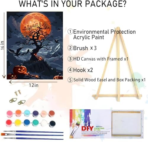Halloween Paint by Numbers for Adults with Framed Canvas-with Wooden Easel,Paint by Numbers Kits Framed Canvas,DIY Acrylic Oil Painting Kits with Brushes Nice Gift Box for Home Wall Decor(12x16 Inch)