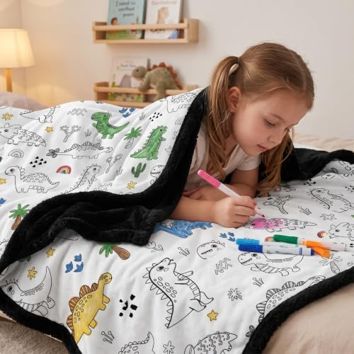 DIY Dinosaur Coloring Blanket with 24 Markers, Color Your Plush Fleece Throw, Arts & Crafts Gifts for Kids Boys Girls, Black Fluffy Backing (DIY Dinosaur)