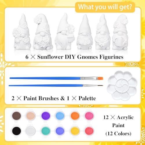 CroBlissful 6 Sets Ceramic Gnome Painting Kit Sunflower Unpainted Figurines