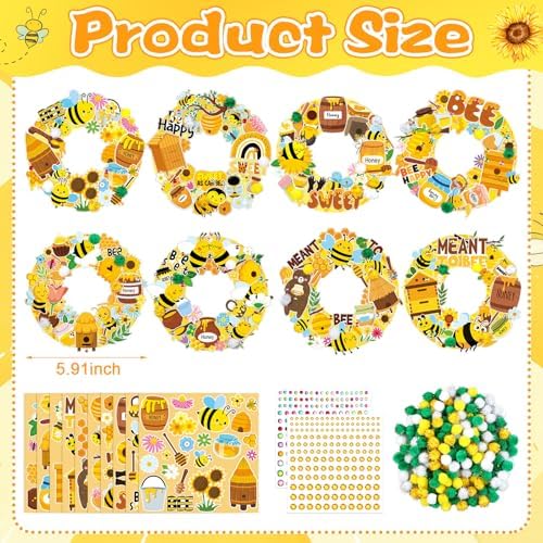 Hollowfly 48 Sets Bee Craft Kits DIY Summer Wreath with Honey Stickers