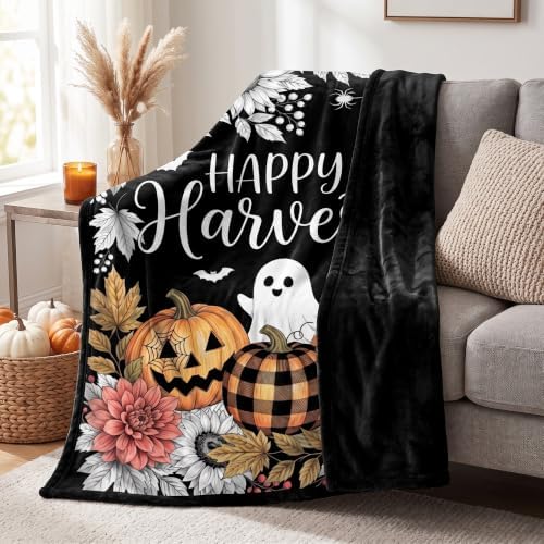 Color Your Happy Harvest Halloween Blanket Kit, DIY Fall Pumpkin Ghost Coloring Fleece Throw with 24 Fabric Markers, Arts & Crafts Gift for Kids Adults(DIY Harvest)