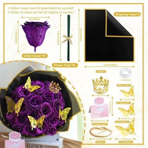 CCYXSHOW Purple Glitter Roses Bouquet, Fake Flowers Bouquet 16 Pcs DIY Glitter Rose Bouquet Kits Birthday Gifts for Women Mom Mother's Day Anniversary Graduation