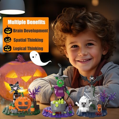 Halloween Building Blocks Set - Pumpkin Ghosts Witch Cat Grave Kit, Party Favors Gift Ornament for Kids