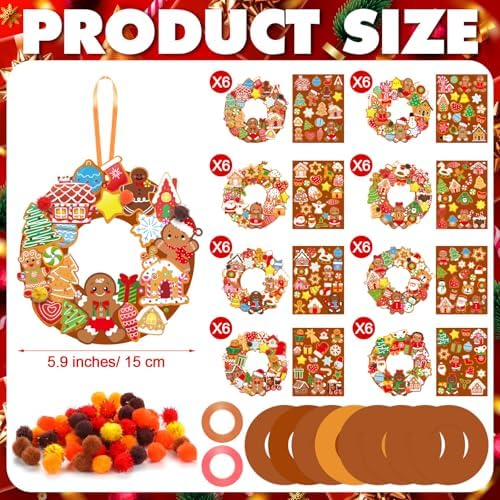 Hollowfly 48 Sets Christmas Wreath Craft Kits, Gingerbread DIY Ornaments